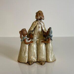 Handcrafted Studio Art Pottery Clay Stoneware Figurine Elder Man Two Children